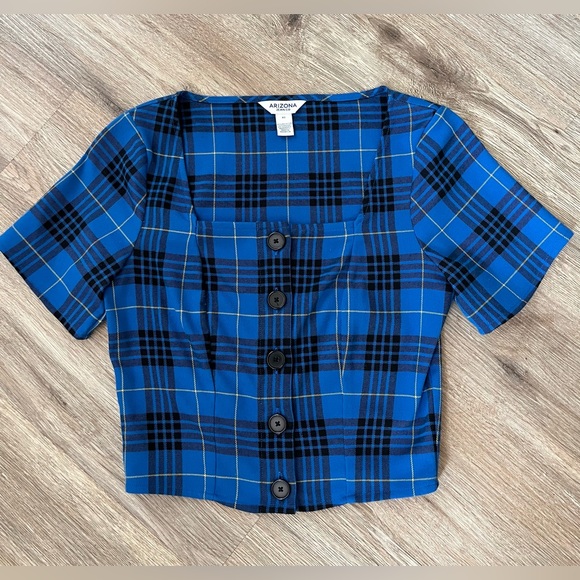 Size in Extra Small. Blue Checkered Crop Top with a Square Neckline. - Picture 3 of 5